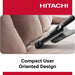 Hitachi vacuum cleaner on a bed with 'Compact User Oriented Design' text
