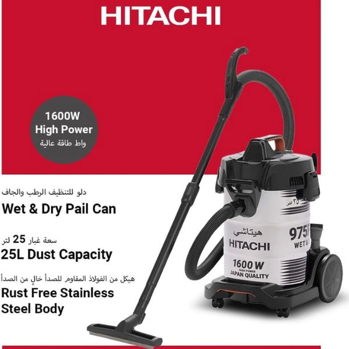 Hitachi Wet & Dry, Sand Blower Vacuum Cleaner| 3 in 1 Performance| Rust-Free Stainless-Steel Body| 25L Big Dust Capacity| 1600 W Motor Power| CV975PWBKGAE-Inox