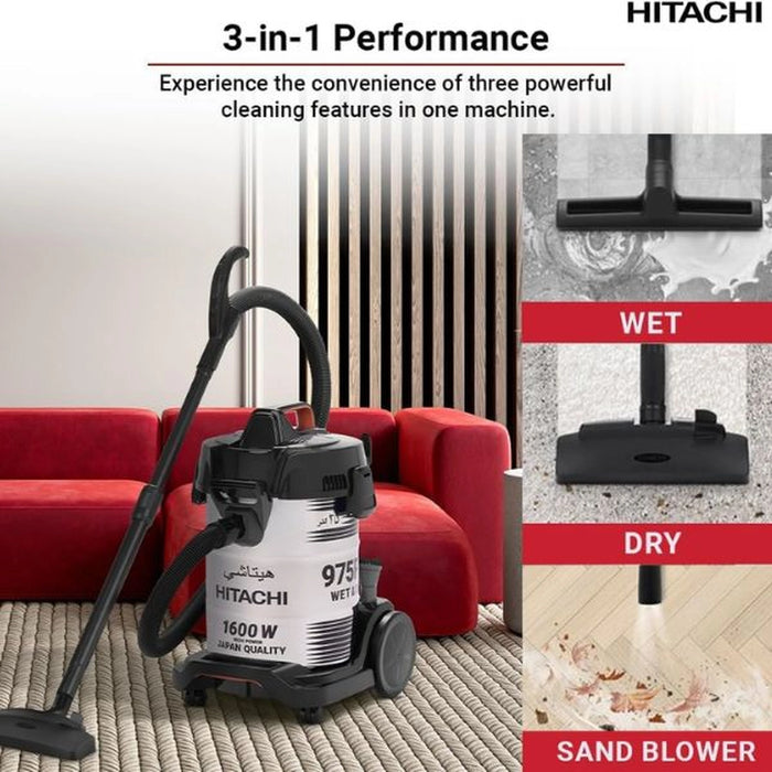 Hitachi Wet & Dry, Sand Blower Vacuum Cleaner| 3 in 1 Performance| Rust-Free Stainless-Steel Body| 25L Big Dust Capacity| 1600 W Motor Power| CV975PWBKGAE-Inox