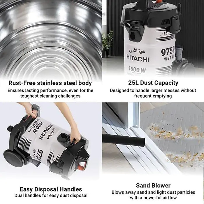 Hitachi dust blower with features highlighted on a white background