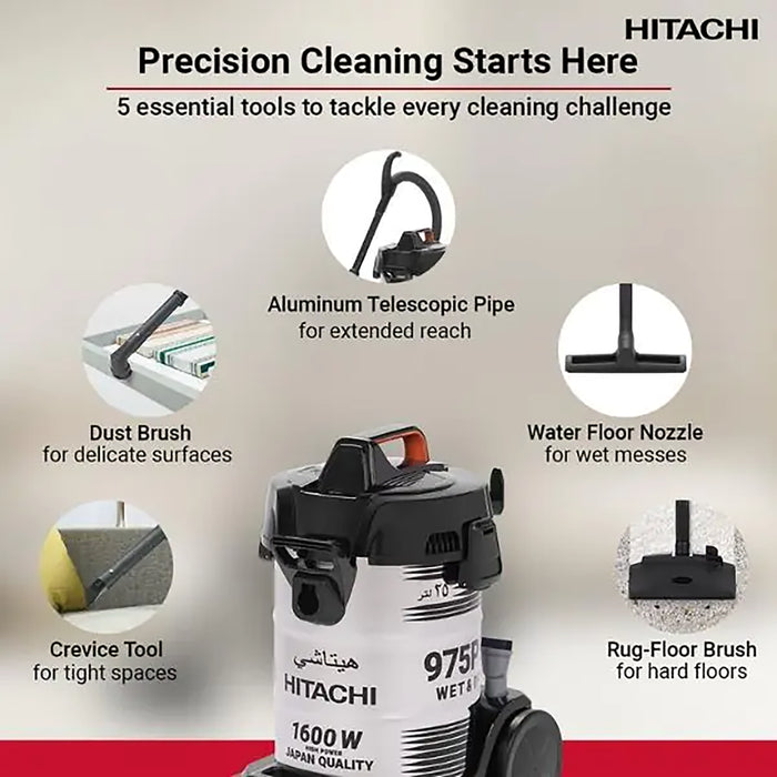 Hitachi cleaning tool with attachments and features on a beige background
