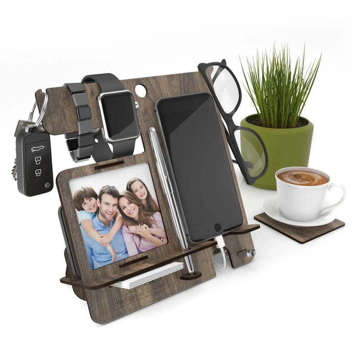 Charging Station Storage Organizer for Multiple Devices | Electronic Organizer Great Gift for Men and Women - Walnut