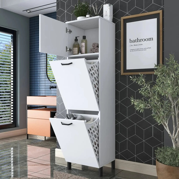 CleanEase Tall Bathroom Cabinet with Two Laundry Baskets White