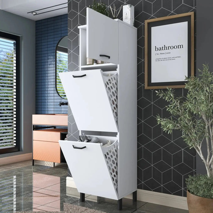 CleanEase Tall Bathroom Cabinet with Two Laundry Baskets White