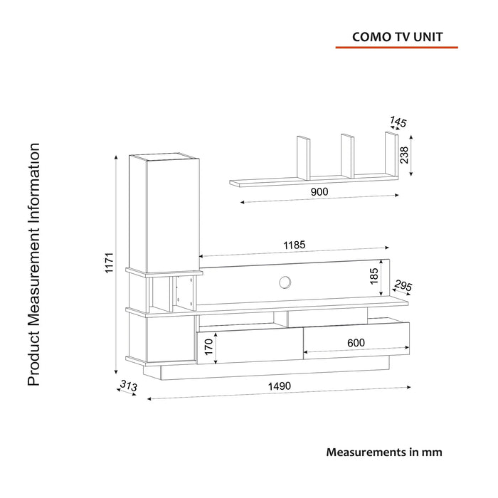 Como TV Unit with Wall Shelves & Storage White & Cordoba | Modern TV Stand | Up to 55 inch TV