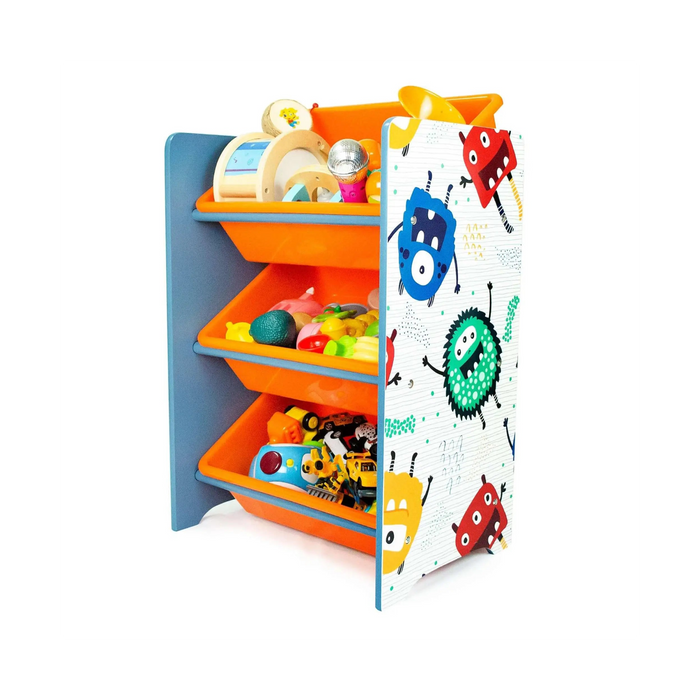 Crazy Monster 3 Bins Organizer for Children | Durable Toy Storage with Supporting Bars for Kids Play Room - Blue