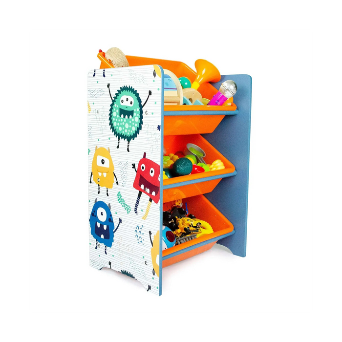 Crazy Monster 3 Bins Organizer for Children | Durable Toy Storage with Supporting Bars for Kids Play Room - Blue