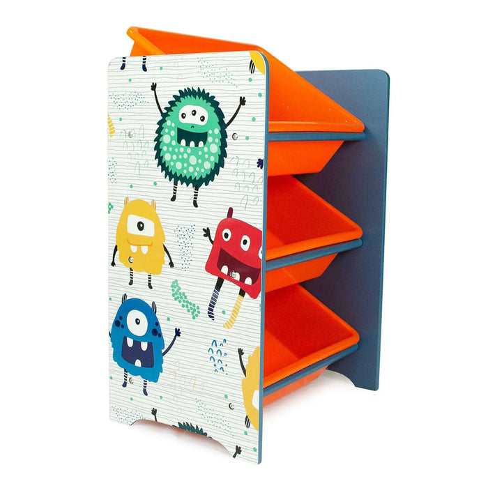Crazy Monster 3 Bins Organizer for Children | Durable Toy Storage with Supporting Bars for Kids Play Room - Blue