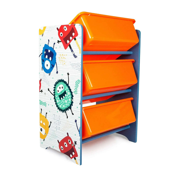 Crazy Monster 3 Bins Organizer for Children | Durable Toy Storage with Supporting Bars for Kids Play Room - Blue