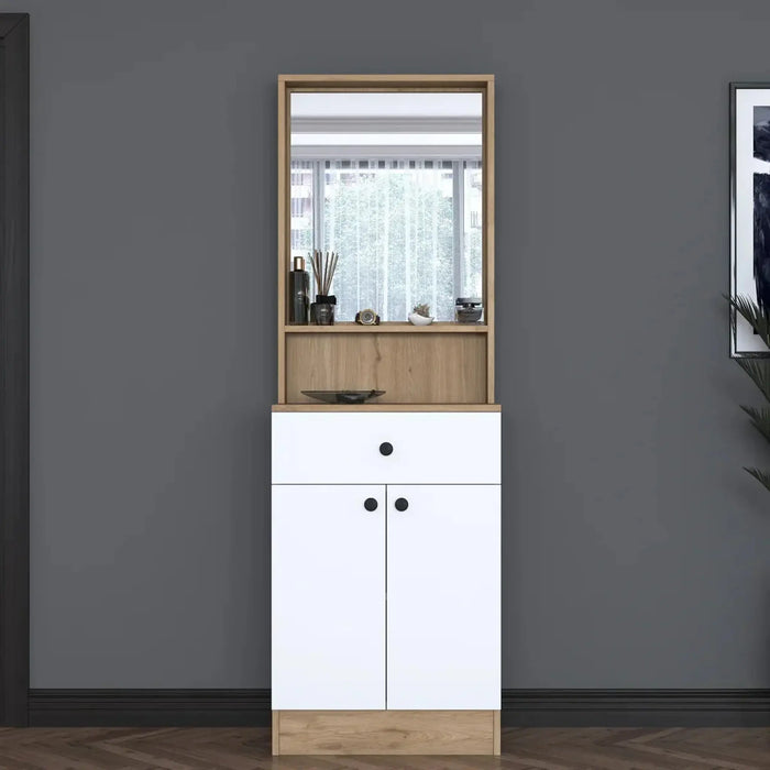 Elegance Modern Hallway Organizer with Mirror, Shelves, and Storage Cabinet- Walnut and White