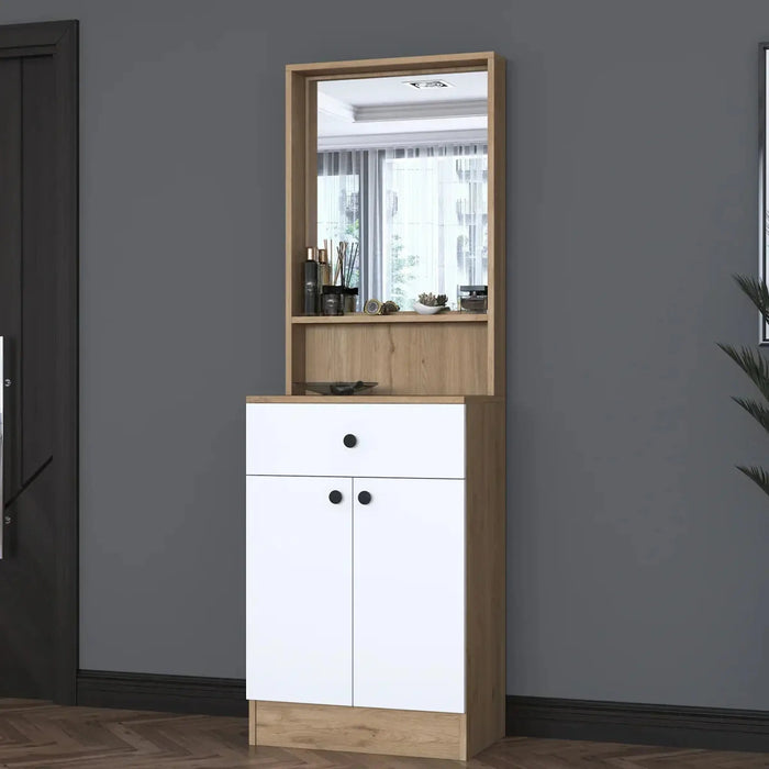 Elegance Modern Hallway Organizer with Mirror, Shelves, and Storage Cabinet- Walnut and White
