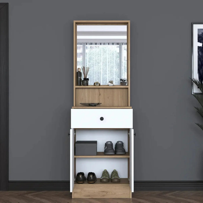 Elegance Modern Hallway Organizer with Mirror, Shelves, and Storage Cabinet- Walnut and White