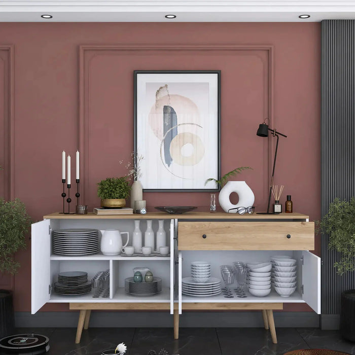 Elegance Sideboard Crockery Unit Modern While and Oak