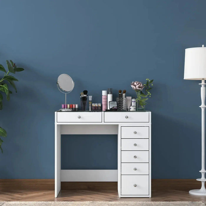 Flux Minimalist Vanity  Glass-Top + 7 Drawers