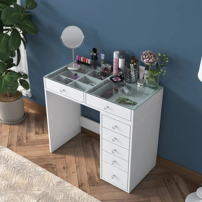 Flux Minimalist Vanity  Glass-Top + 7 Drawers