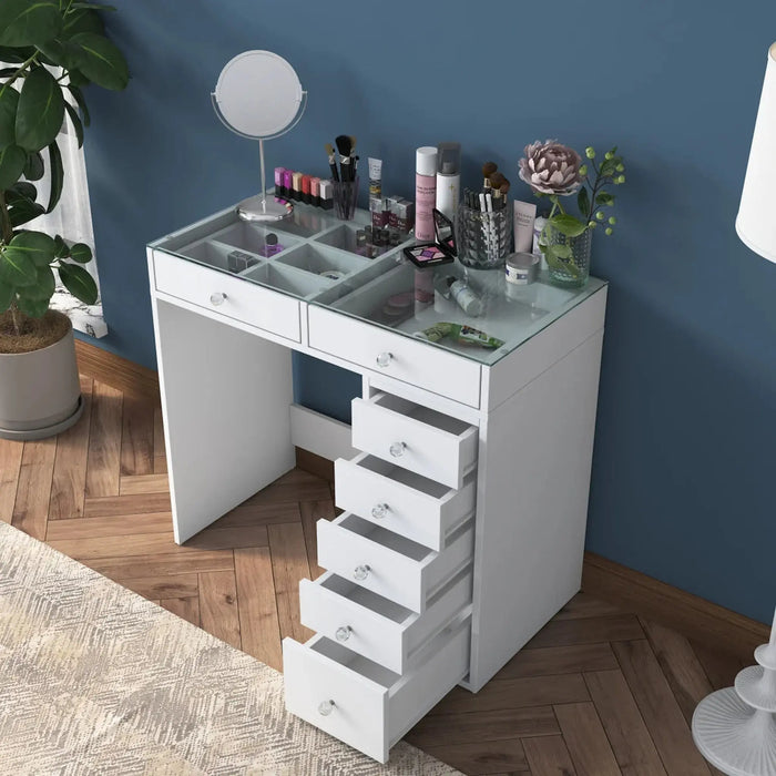 Flux Minimalist Vanity  Glass-Top + 7 Drawers