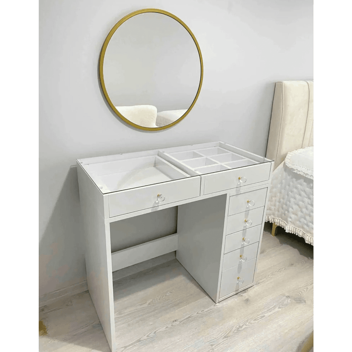 Flux Minimalist Vanity  Glass-Top + 7 Drawers