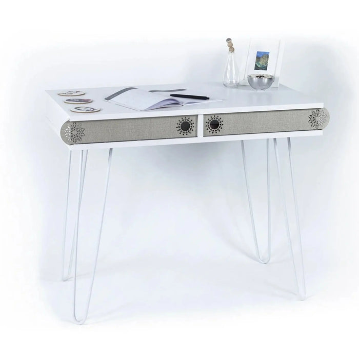 Home and Office Illia Desk with Metal Hairpin Legs | Multipurpose Illia Desk with 2 Easy Sliding Door Drawers - White