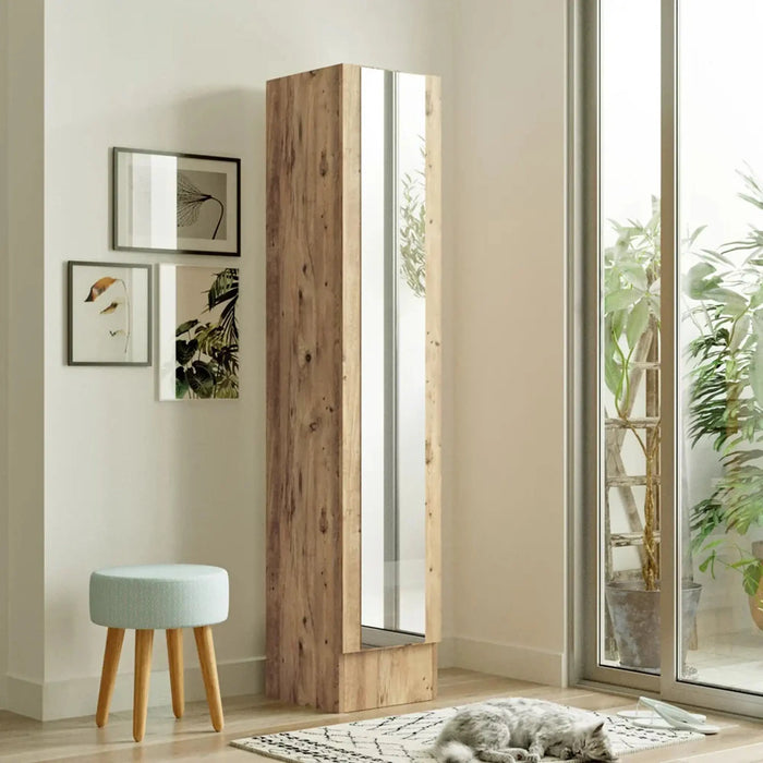 Iron Mirrored Shoe Cabinet Pine finish