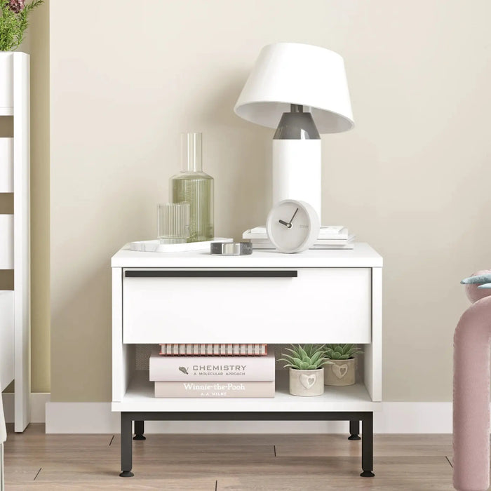 Lunar Bed Side Table with Drawer & Open Shelf, White
