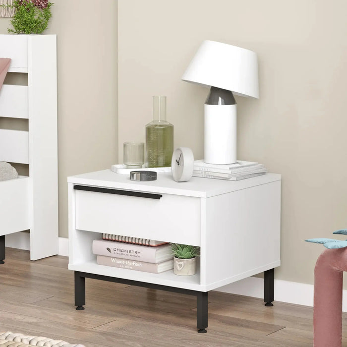 Lunar Bed Side Table with Drawer & Open Shelf, White