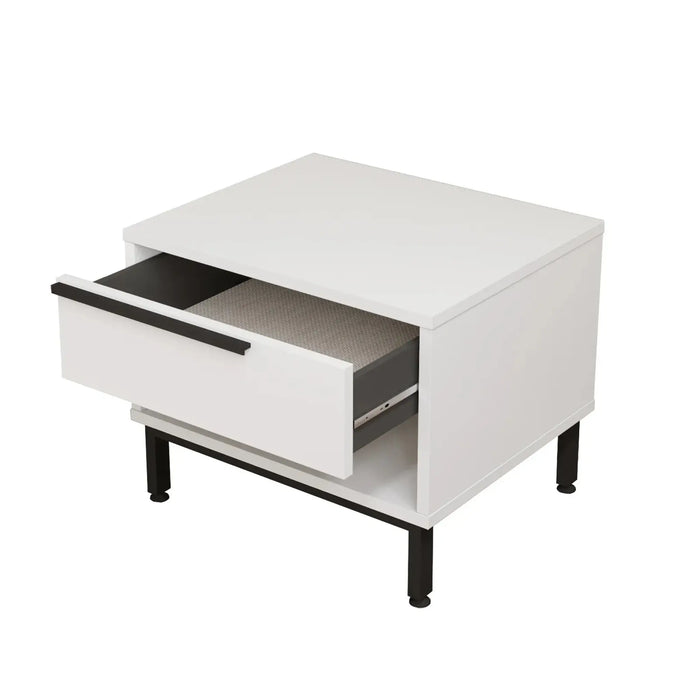 Lunar Bed Side Table with Drawer & Open Shelf, White