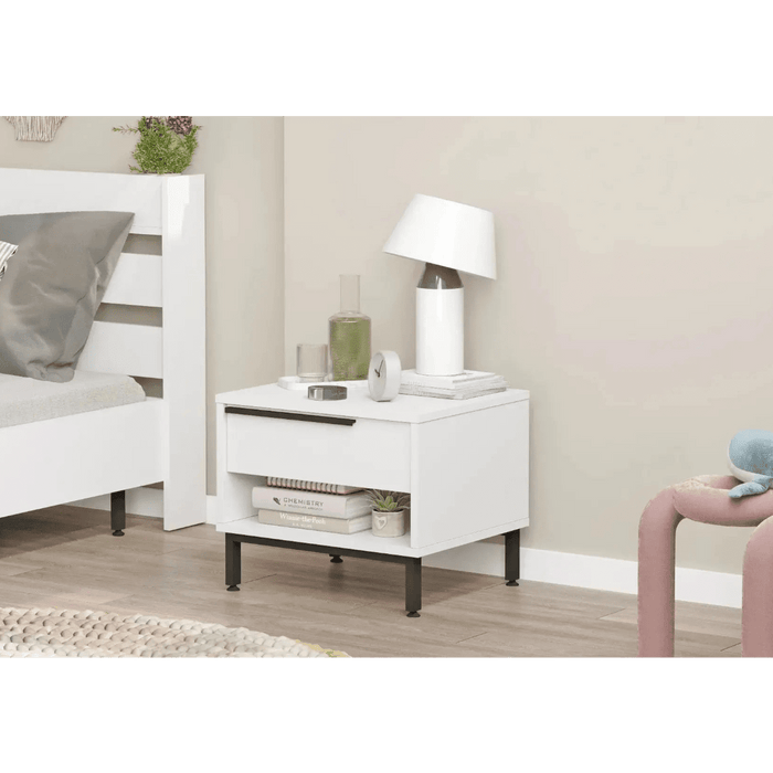 Lunar Bed Side Table with Drawer & Open Shelf, White