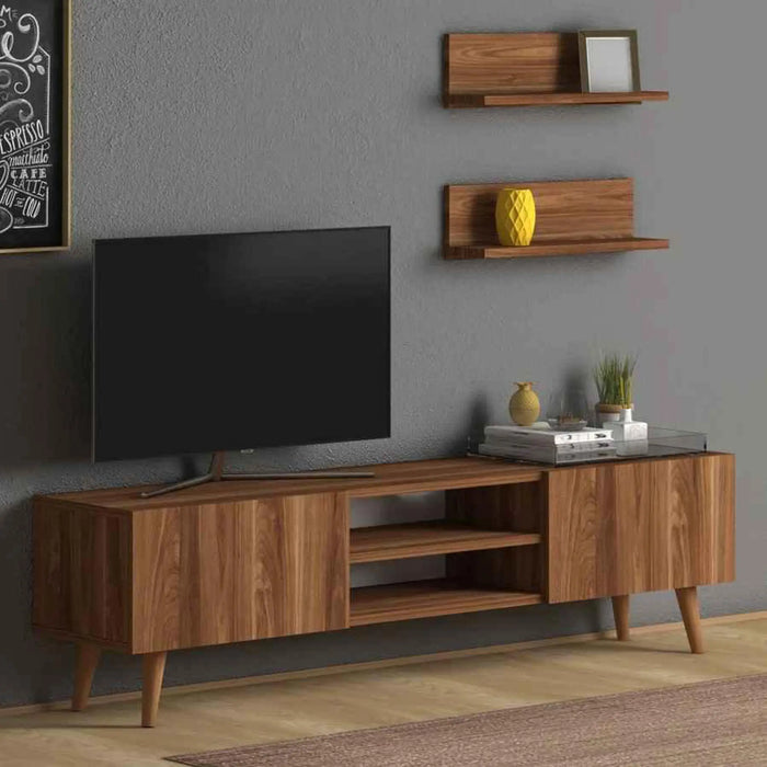 Modern Plane TV Stand for Living Room with Wooden Legs | Modern Tv Unit Media with Mount Shelf Up to 65 Inch TV - Walnut