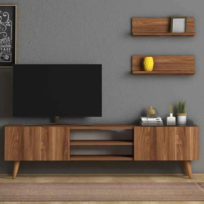 Modern Plane TV Stand for Living Room with Wooden Legs | Modern Tv Unit Media with Mount Shelf Up to 65 Inch TV - Walnut