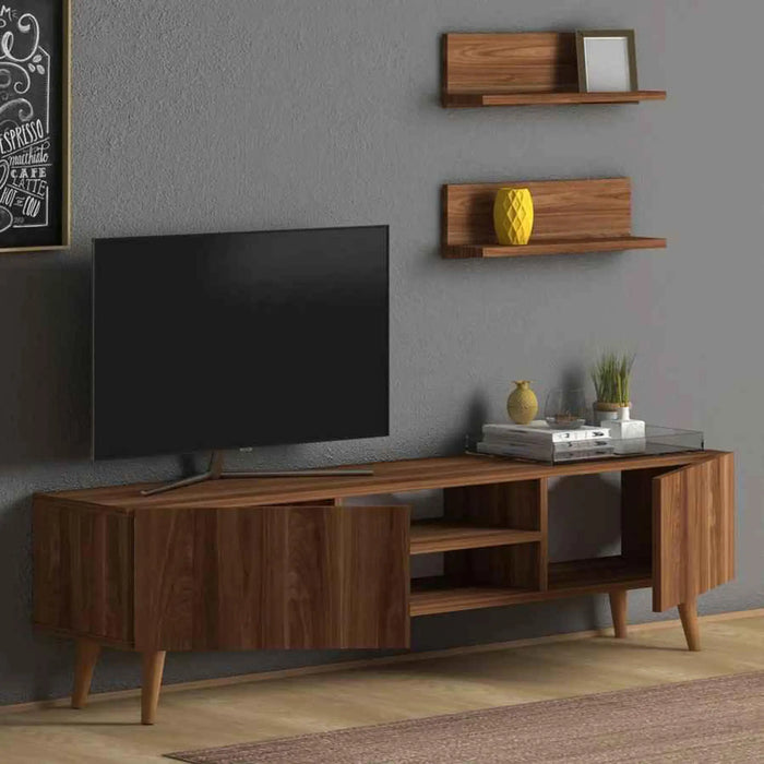Modern Plane TV Stand for Living Room with Wooden Legs | Modern Tv Unit Media with Mount Shelf Up to 65 Inch TV - Walnut