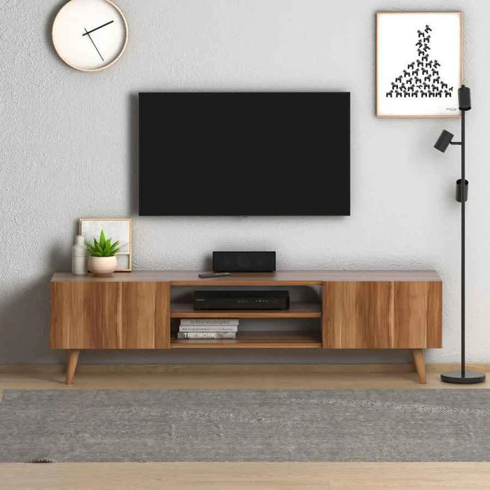 Modern Plane TV Stand for Living Room with Wooden Legs | Modern Tv Unit Media with Mount Shelf Up to 65 Inch TV - Walnut