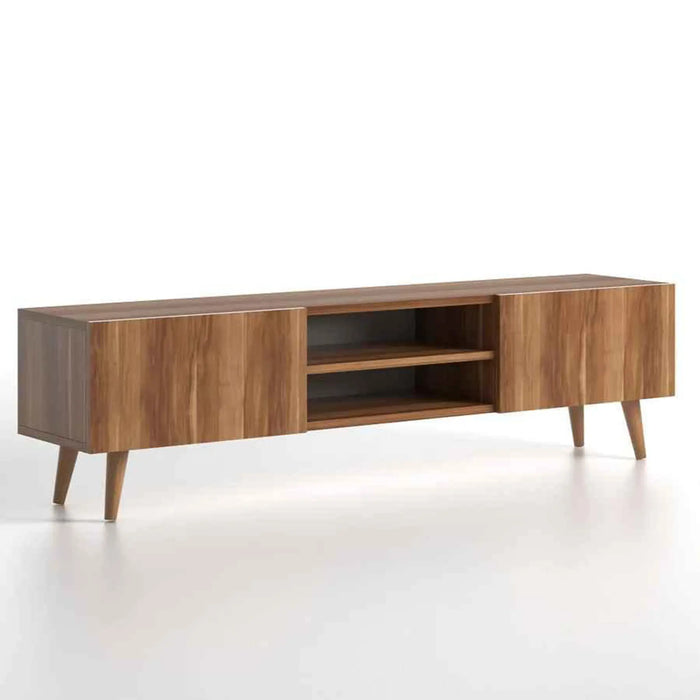 Modern Plane TV Stand for Living Room with Wooden Legs | Modern Tv Unit Media with Mount Shelf Up to 65 Inch TV - Walnut