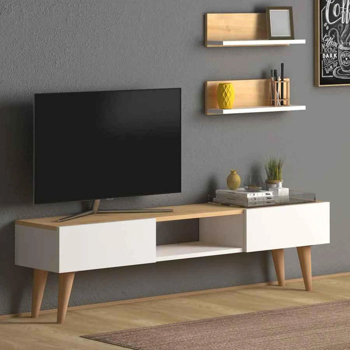 Modern TV Stand for Living Room with Wooden Legs | Modern Tv Unit Media with Mount Shelf Up to 65 Inch TV - Oak/White