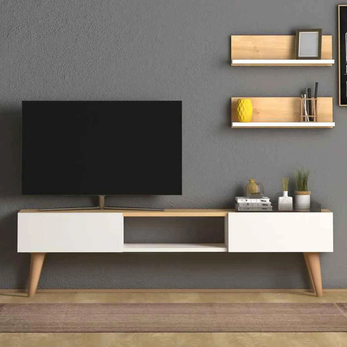Modern TV Stand for Living Room with Wooden Legs | Modern Tv Unit Media with Mount Shelf Up to 65 Inch TV - Oak/White