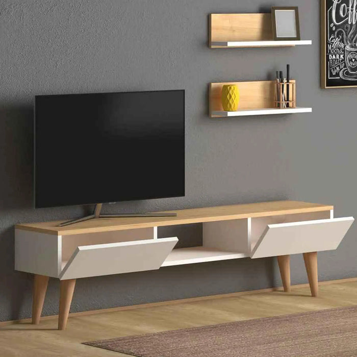 Modern TV Stand for Living Room with Wooden Legs | Modern Tv Unit Media with Mount Shelf Up to 65 Inch TV - Oak/White