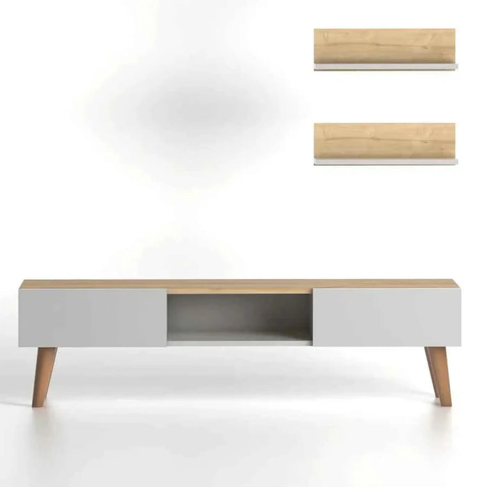 Modern TV Stand for Living Room with Wooden Legs | Modern Tv Unit Media with Mount Shelf Up to 65 Inch TV - Oak/White