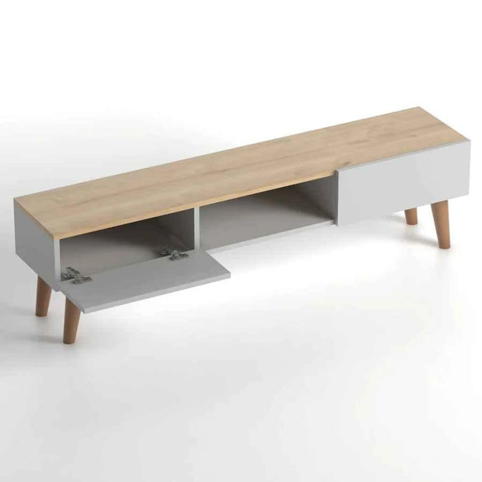 Modern TV Stand for Living Room with Wooden Legs | Modern Tv Unit Media with Mount Shelf Up to 65 Inch TV - Oak/White