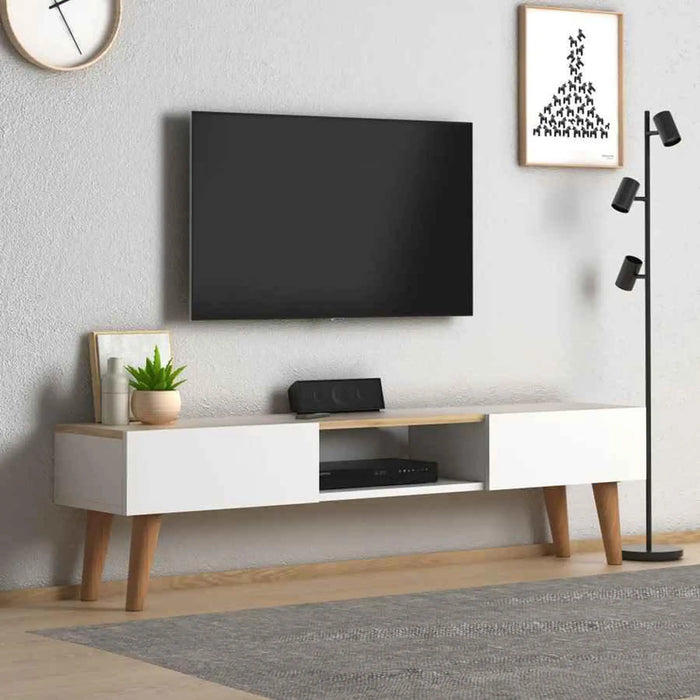 Modern TV Stand for Living Room with Wooden Legs | Modern Tv Unit Media with Mount Shelf Up to 65 Inch TV - Oak/White