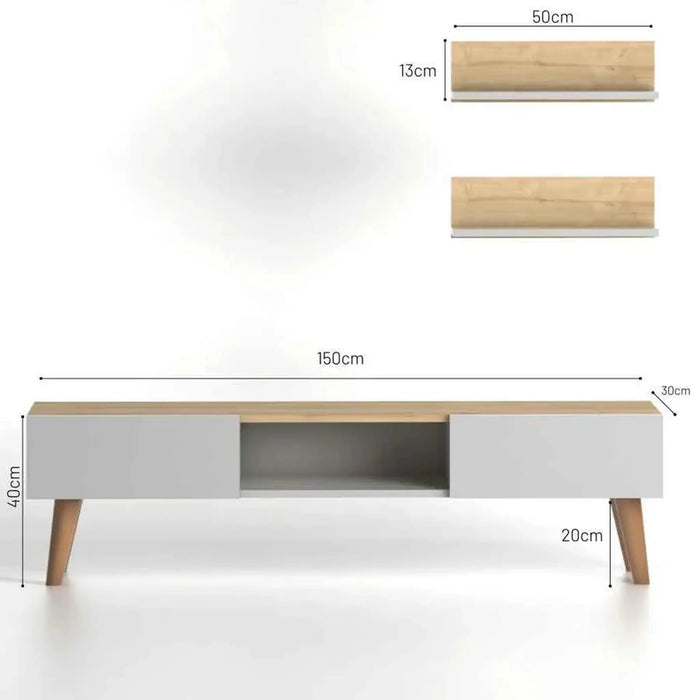 Modern TV Stand for Living Room with Wooden Legs | Modern Tv Unit Media with Mount Shelf Up to 65 Inch TV - Oak/White