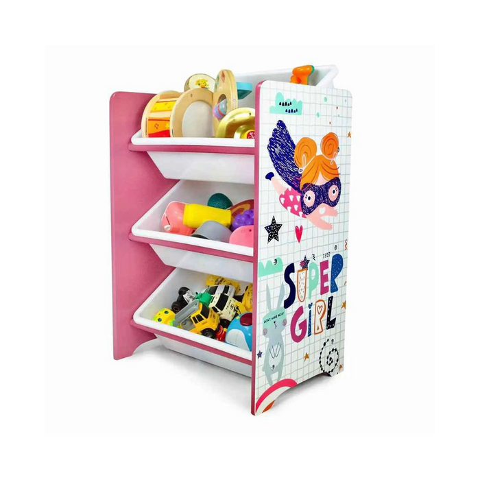 Super Girl 3 Bins Organizer for Children | Durable Toy Storage with Supporting Bars for Kids Play Room - Pink