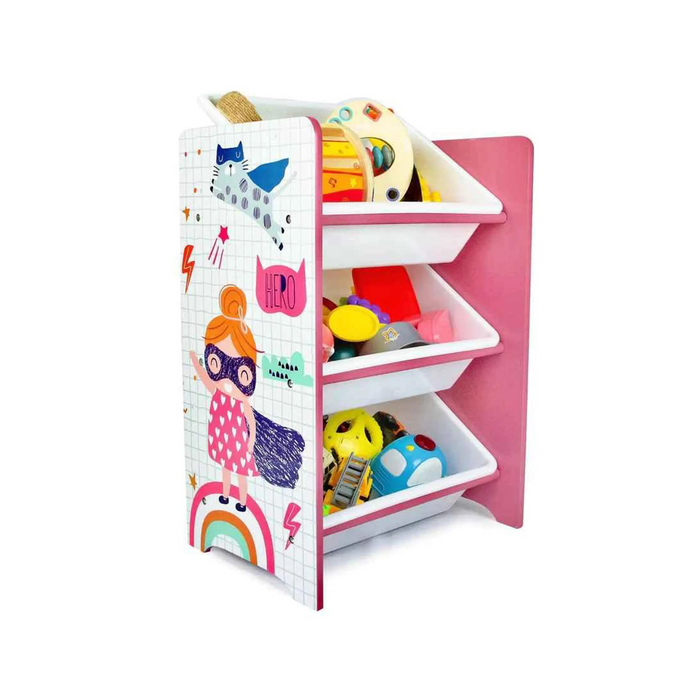 Super Girl 3 Bins Organizer for Children | Durable Toy Storage with Supporting Bars for Kids Play Room - Pink