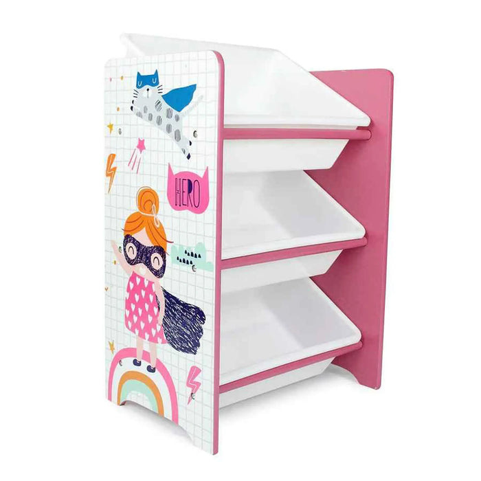 Super Girl 3 Bins Organizer for Children | Durable Toy Storage with Supporting Bars for Kids Play Room - Pink