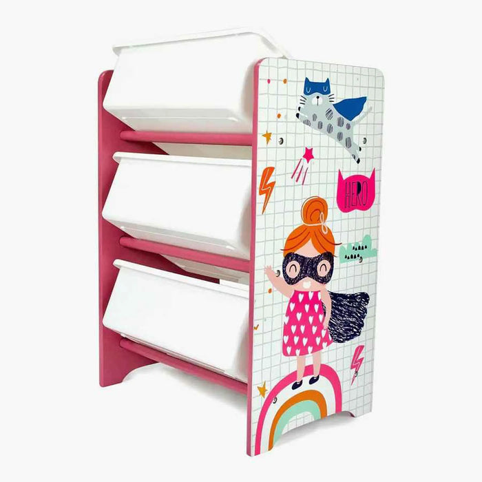 Super Girl 3 Bins Organizer for Children | Durable Toy Storage with Supporting Bars for Kids Play Room - Pink