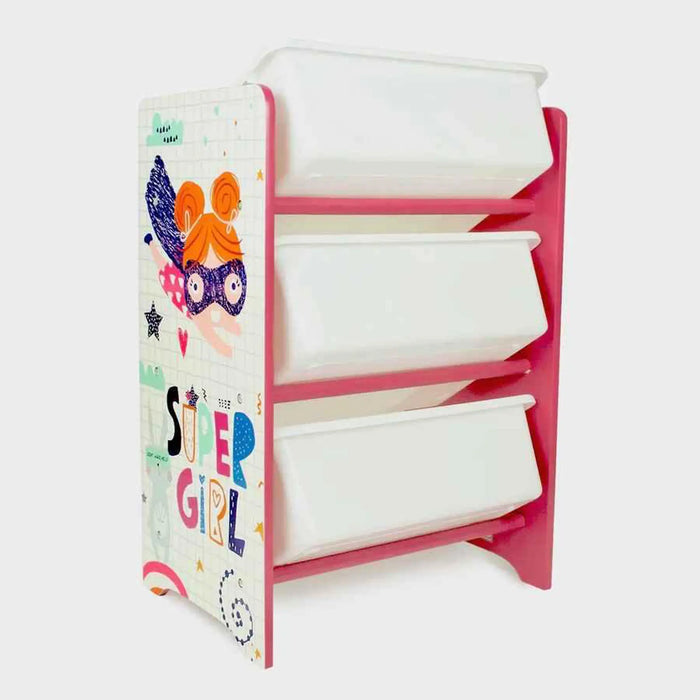 Super Girl 3 Bins Organizer for Children | Durable Toy Storage with Supporting Bars for Kids Play Room - Pink