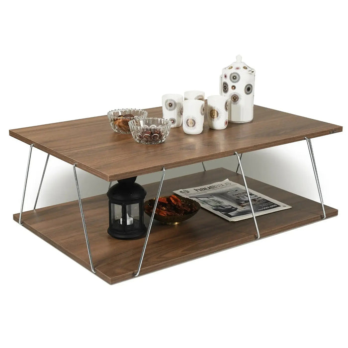 Tar Coffee Table for Living Room | Easy to Assemble Rectangular Tar Coffee Table with Bottom Shelf - Walnut/Chrome
