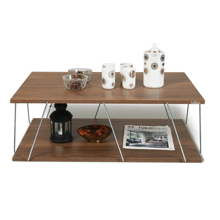 Tar Coffee Table for Living Room | Easy to Assemble Rectangular Tar Coffee Table with Bottom Shelf - Walnut/Chrome