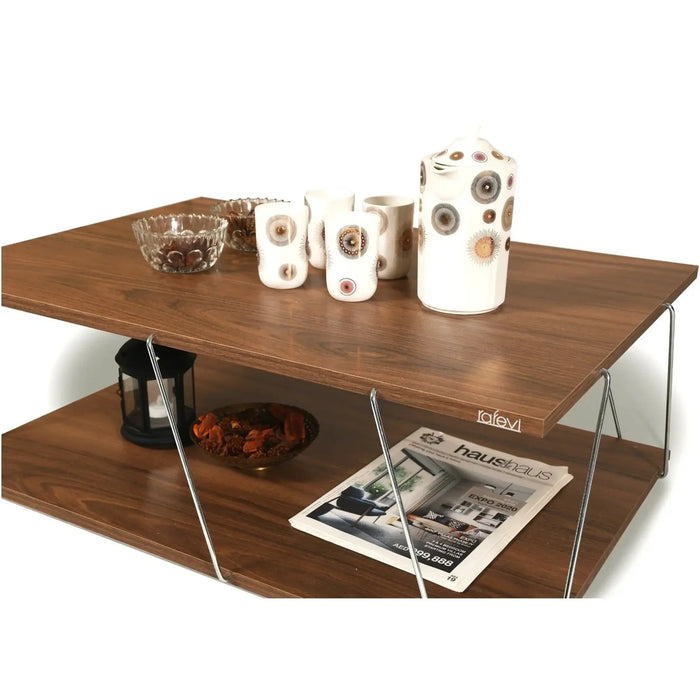 Tar Coffee Table for Living Room | Easy to Assemble Rectangular Tar Coffee Table with Bottom Shelf - Walnut/Chrome