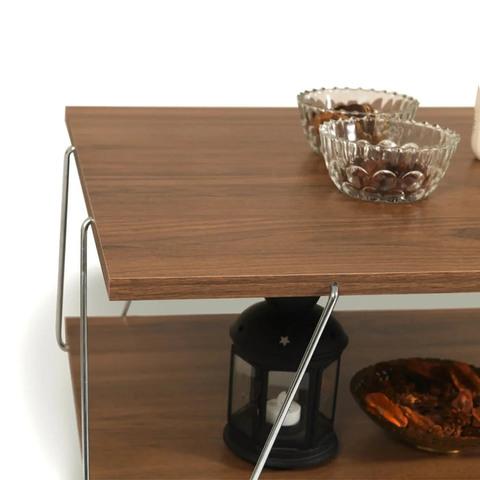 Tar Coffee Table for Living Room | Easy to Assemble Rectangular Tar Coffee Table with Bottom Shelf - Walnut/Chrome
