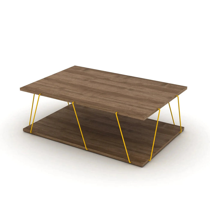 Tar Coffee Table for Living Room | Easy to Assemble Rectangular Tar Coffee Table with Bottom Shelf - Walnut/Yellow