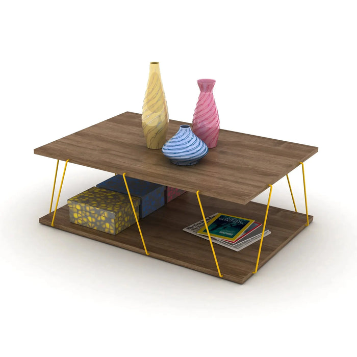 Tar Coffee Table for Living Room | Easy to Assemble Rectangular Tar Coffee Table with Bottom Shelf - Walnut/Yellow